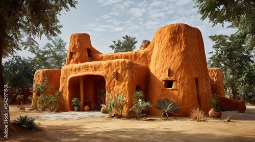 Modern Mud House Minimalist Small Exterior Senegal Style Diverse Natural Settings Vibrant Accents Photorealistic Textures Dynamic Lighting Randomized Weather Elegant Design (AI-Generated)