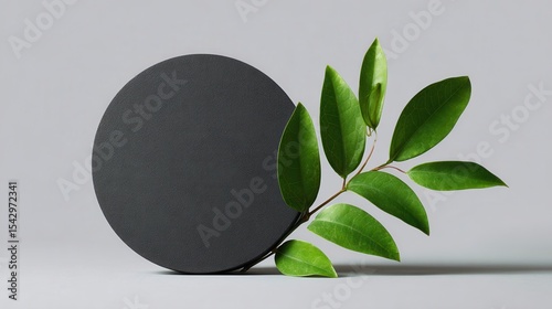 Elegant leaf arrangement with a minimalist black circle backdrop.