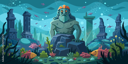 Majestic Underwater Poseidon Statue Graphic Design featuring Ancient Ruins and Marine Life, perfect for Branding and Logo Creation