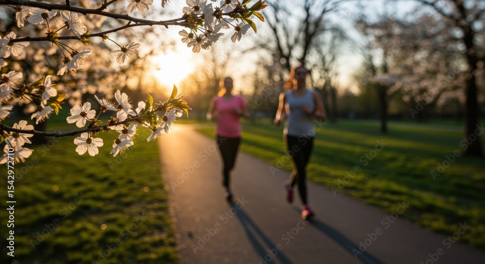 Fototapeta premium Cherry blossoms joggers running park sunset golden light exercise. Spring fitness outdoor activity healthy lifestyle recreation. Wellness concept