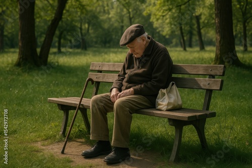 An elderly man in a cap sits alone on a park bench, resting beside a cane and bag, surrounded by trees and afternoon light.