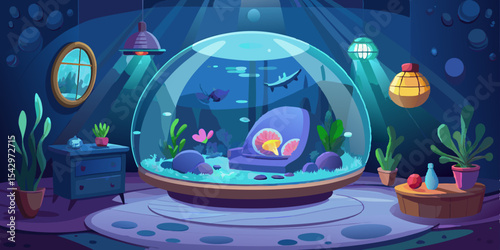 Serene Underwater Room Design featuring a futuristic fishbowl aquarium with plants and aquatic life ideal for home decor and fantasy backgrounds