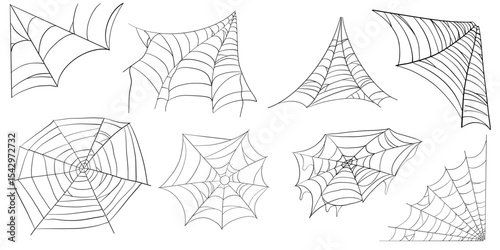 Spiderweb corner line border, gothic scary hanging net frame. Simple spooky halloween decoration. Cobweb spider trap.