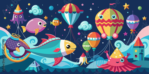 Whimsical underwater carnival scene with flying fish hot air balloons and playful octopus characters perfect for kids design projects and branding