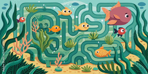 Engaging Underwater Maze Design Featuring Colorful Fish and Aquatic Plants Perfect for Kids Activities or Educational Materials
