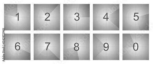 Countdown movie frame, film intro animation retro video screen. Start Timer set, film strip border, Vintage counter.