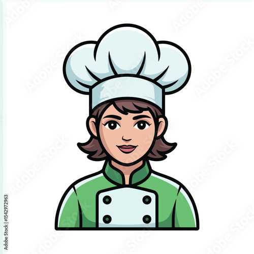 Female Chef Cartoon Illustration Green Uniform White Toque vector