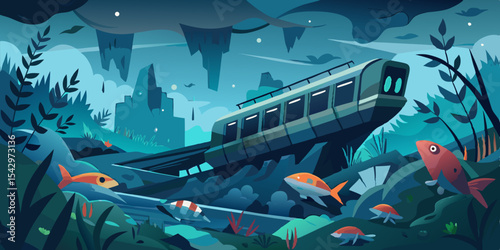 Futuristic Underwater Train Scene Design Graphic Art featuring aquatic life and a submerged vehicle, perfect for science fiction projects or fantasy game assets.