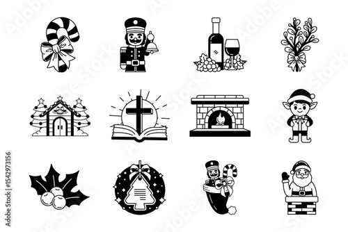 black and white illustration of christmas items set