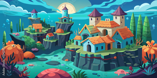 Enchanting Underwater Village Scene Graphic Design Perfect for Fantasy Game Art or Children's Book Illustrations