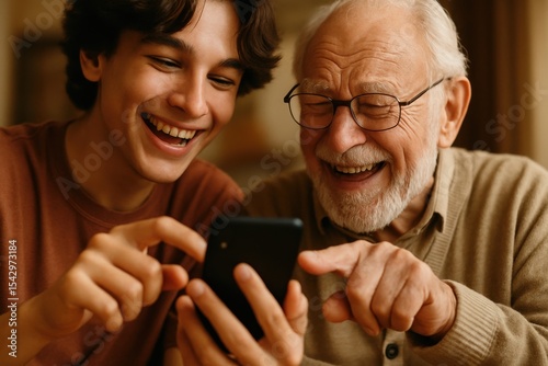 A laughing teenager and elderly man bond while looking at a smartphone, enjoying a joyful and intimate shared digital moment.