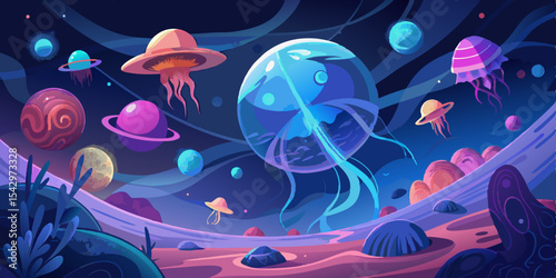 Cosmic Jellyfish Fantasy Landscape: Vibrant Planets and Surreal Underwater Scene for Game Design and Digital Art