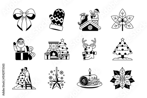 black and white illustration of christmas festival items set