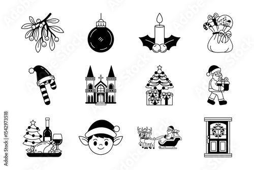 black and white illustration of christmas festival items collection