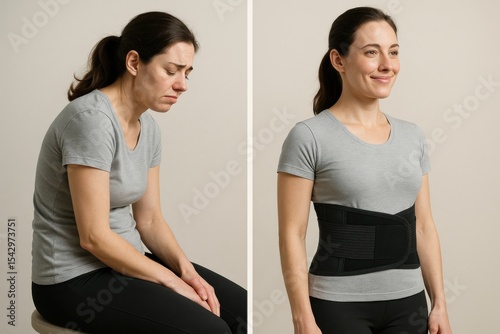 Before-and-after comparison of a woman wearing a back brace, showing improvement in posture and relief from back discomfort.