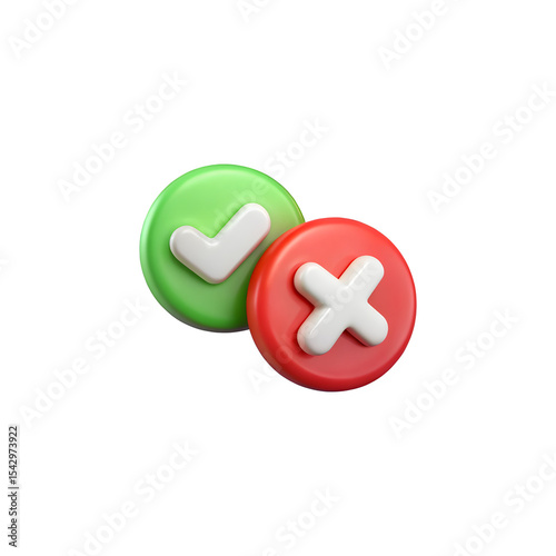 3d rendered check mark and cross mark symbols representing yes or no decisions