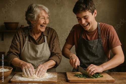 Two women of different generations enjoy cooking together in a cozy kitchen, kneading dough and chopping vegetables joyfully.