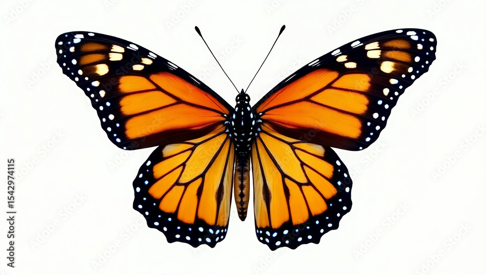 Fototapeta premium Ultra-High-Resolution Stock Photo of a Majestically Posed Monarch Butterfly with Symmetrical Open Wings, Showcasing Vivid Orange, Black, and White Patterns, Isolated on a Pure