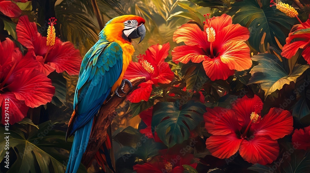 Fototapeta premium A vibrant macaw parrot rests on a tree branch surrounded by lush tropical hibiscus flowers for use in nature marketing designs.