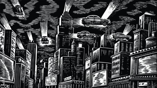 Futuristic cityscape with flying cars and skyscrapers in black and white illustration style art