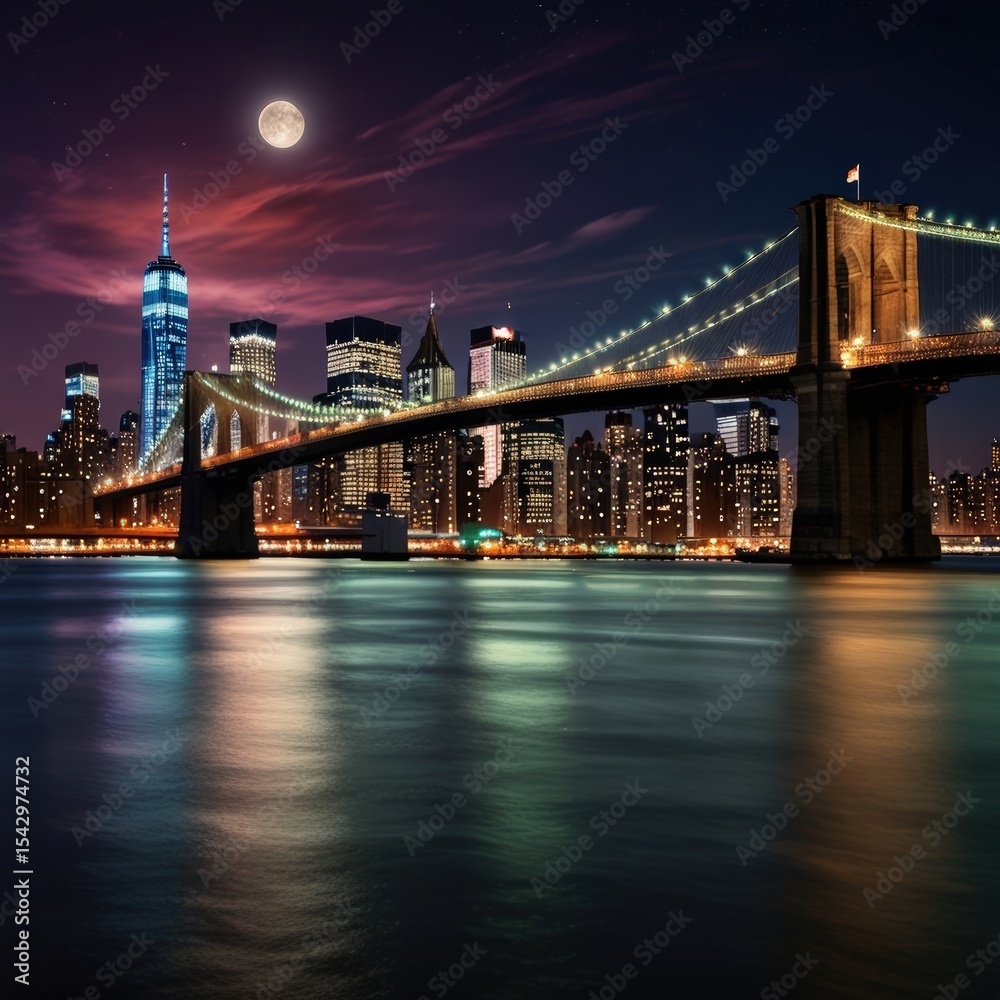 Naklejka premium Night View of Brooklyn Bridge Manhattan Skyline and Full Moon over New York City