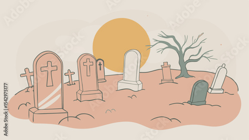 Illustration of a graveyard with tombstones and a bare tree under a large yellow sun in the sky