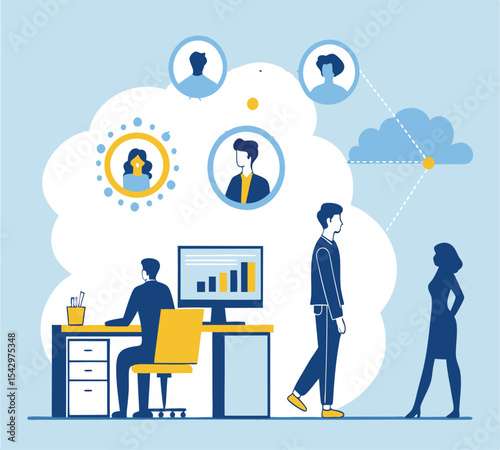 Business people communicate and connect through a social network with technology icons representing teamwork and community