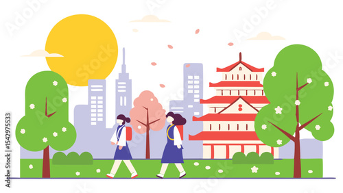 Two schoolgirls walking in a city with a traditional building and trees under a large sun illustration