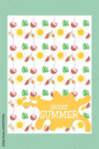 Sweet Summer Pattern with Tropical Fruits and Drinks. Vector Illustration