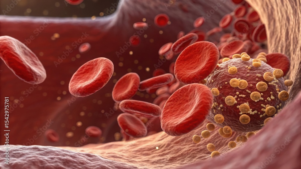 Fototapeta premium Blood cell structure 3d render concept. Red blood cells flowing through a detailed blood vessel illustration.