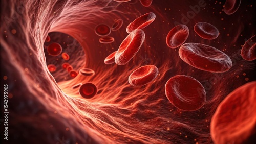 Blood cell structure 3d render concept. Detailed view of blood cells flowing in a vessel.