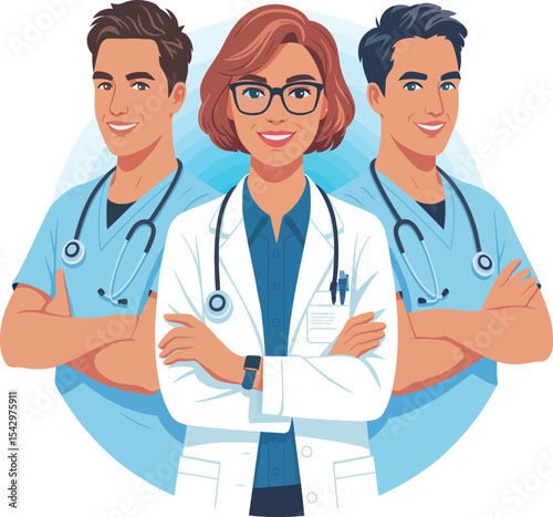 A female doctor with two male nurses standing with arms crossed and wearing stethoscopes smiling