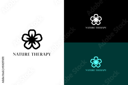 illustration of five petal flower with bold clean edges, vector logo for calming, mindfulness, mental health, green energy, fitness, holistic healing, natural wellness, nature therapy, and more