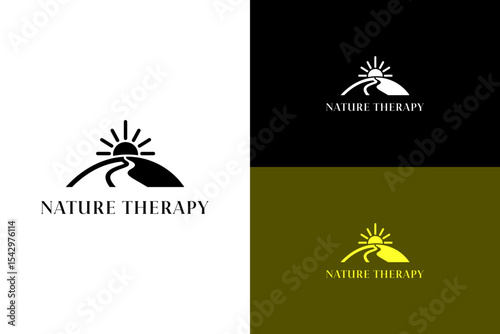illustration of hill with a winding path leading to rising sun, vector logo for green energy, success, calming, natural wellness, eco therapy, fitness, holistic healing, natura therapy, and more