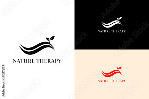 wave lines with a small sprout growing illustration, icon, vector logo for natural wellness, holistic healing, organic, botanical, green energy, calming, fitness, mindfulness, nature therapy, and more