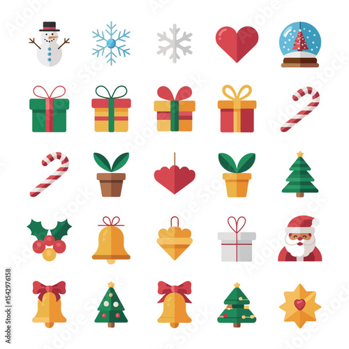 Twenty Four Flat Christmas Icons Snowman Gifts Trees Candy Canes Heart Snowglobe vector