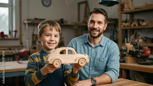 A boy and his father in a workshop, holding a handmade wooden toy car