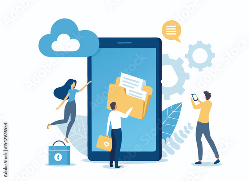 Mobile businessman uses a phone to access cloud computing technology, illustrating data network communication