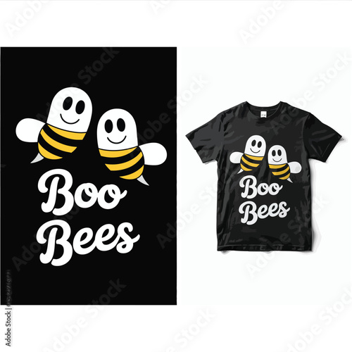 Black T Shirt Design Featuring Two Cartoon Bees Ghosts Boo Bees Text tshirt graphic
