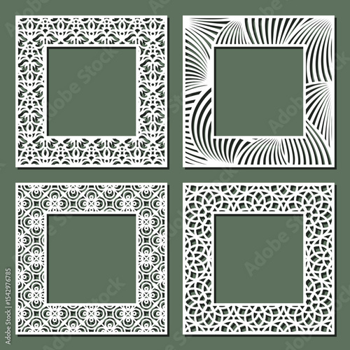 Set of carved square frames. White beautiful framing for paintings, photographs, mirrors. Template for plotter laser cutting of paper, fretwork, wood carving, metal engraving, cnc. Vector illustration