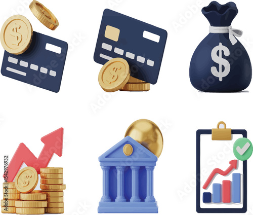 Various financial icons including credit cards, coins, a money bag, and a bank on a white background