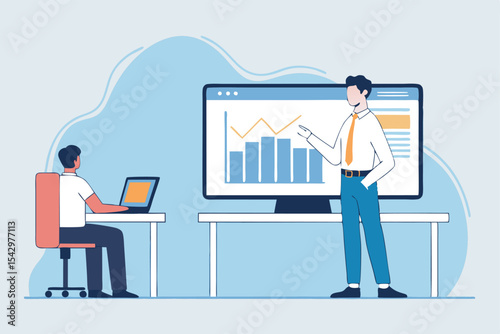 Businessman or woman analyzing a chart and graph at an office desk, illustrating success and work in business communication