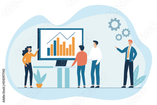 Business people and teams collaborate in an office meeting, analyzing charts and graphs for finance, marketing, and growth management, illustrating global success and teamwork