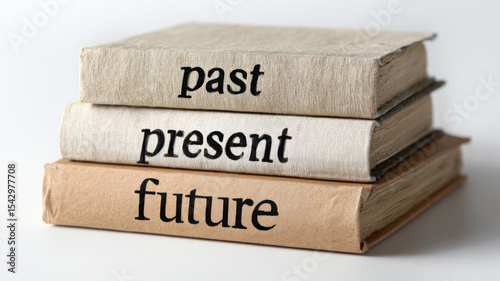 A stack of three books representing the past, present, and future, conveying a sense of knowledge and time