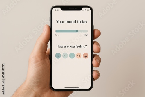 A smartphone screen displays a mood tracking app with emoji-based options and a low-to-high scale for recording daily emotional state.