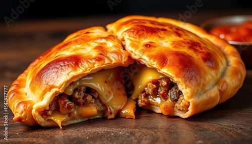 Golden-brown, half-moon calzone revealing cheesy, meaty filling,  snack,  sausage