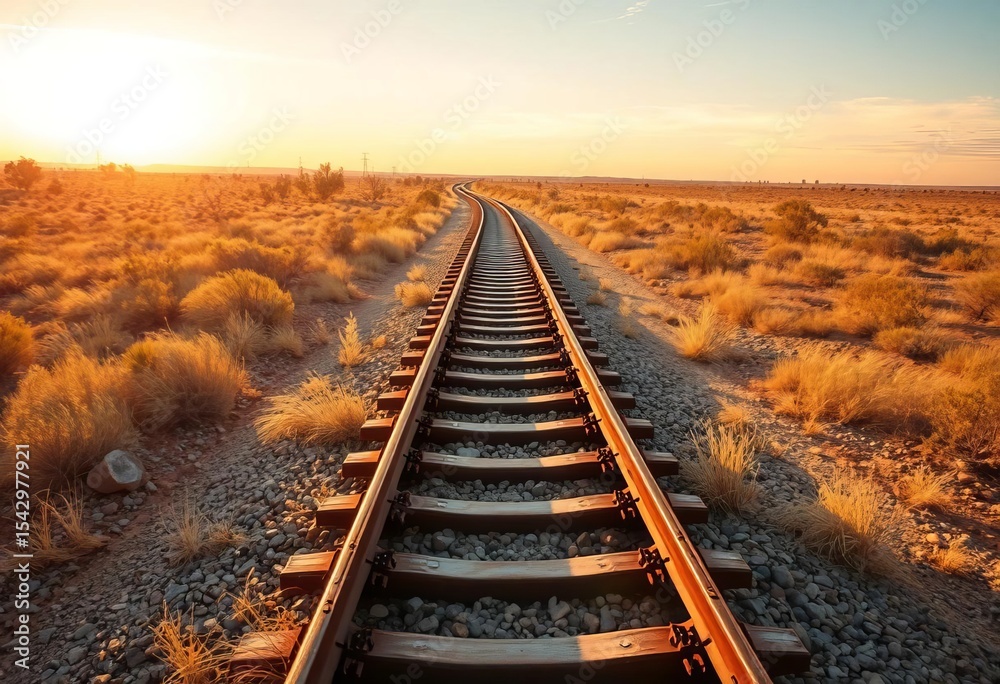 Obraz premium Golden hour sun bathes rusty railway tracks winding through dry Australian outback grasslands, railway, twilight
