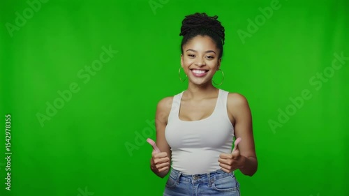 Young woman showing thumbs up on green screen background.Happy young woman showing thumbs up sign with both hands, isolated on green screen background