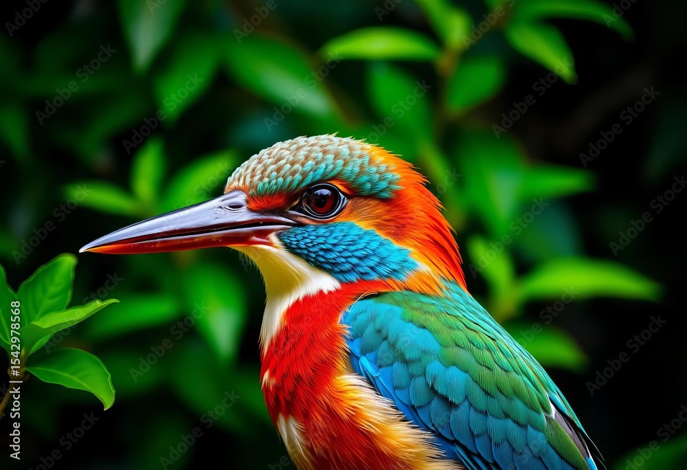 Fototapeta premium Intense gaze of Javan Kingfisher, vibrant plumage against lush green foliage, beautiful, closeup