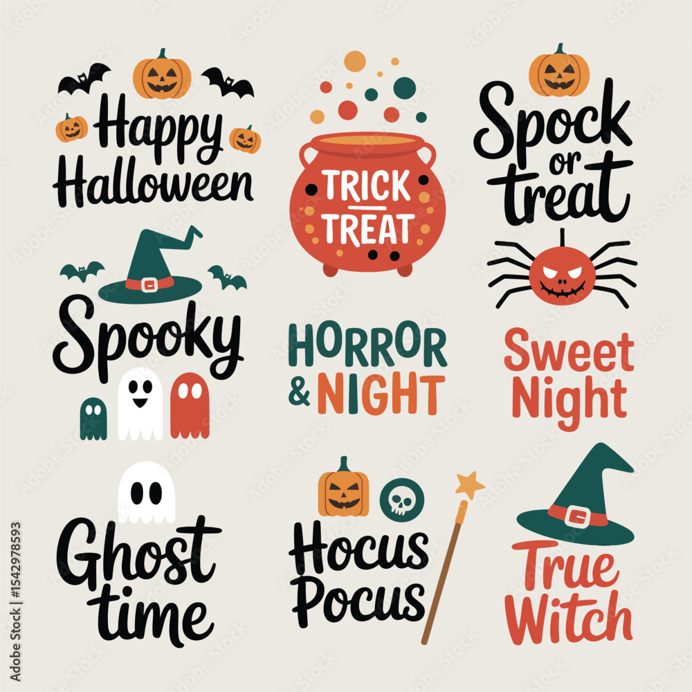 Fototapeta premium Nine Halloween Themed Designs Featuring Pumpkins Ghosts Witches and Bats vector